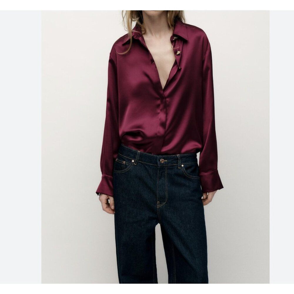 Zara Satin Button-Up Blouse in Deep Wine